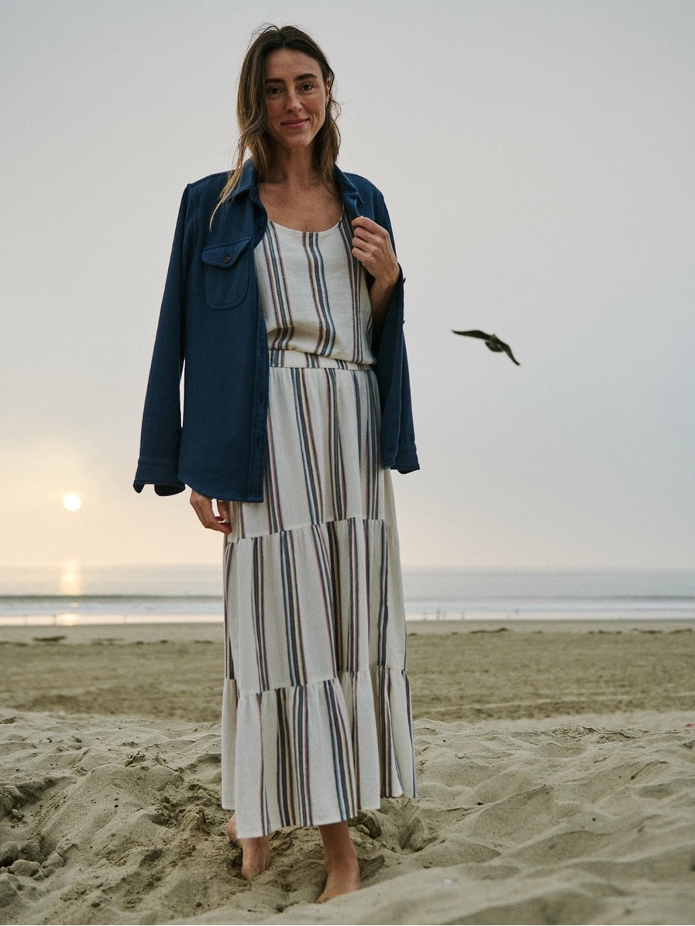 Outerknown Striped Tiered Maxi Dress in Cream, Navy, and Tan